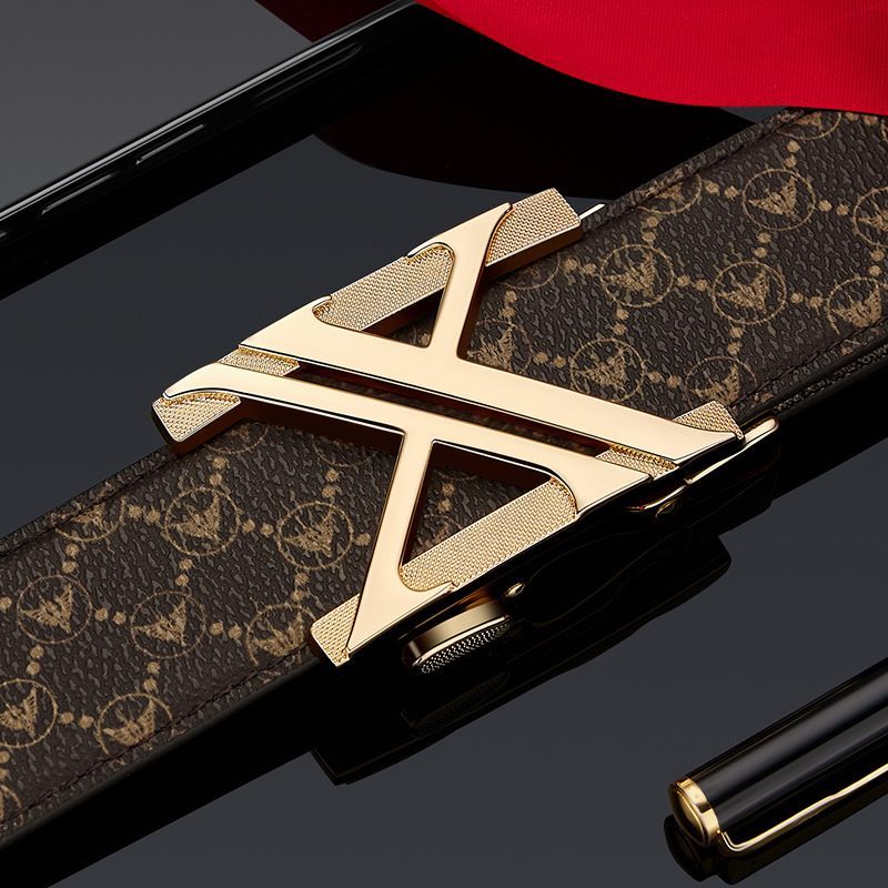 Men'S Genuine Leather Belt X-Shaped Buckle Men'S Accessories Trendy Belt - Khaki strap with gold buckle - Size 125cm — image 6