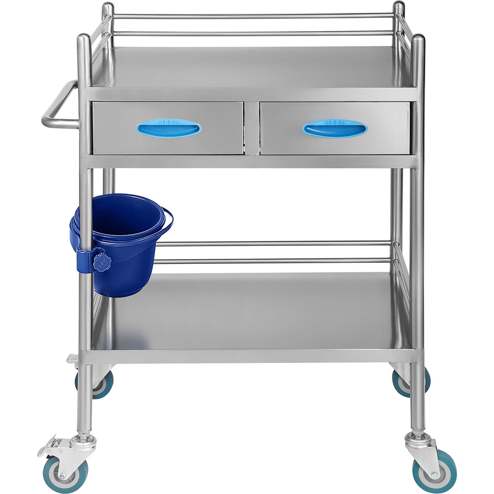 Lab Serving Cart, 2 Layers Stainless Steel Utility Rolling Cart, Medical Cart with Two Drawers, Dental Utility Cart with Lockable Wheels and A Bucket
