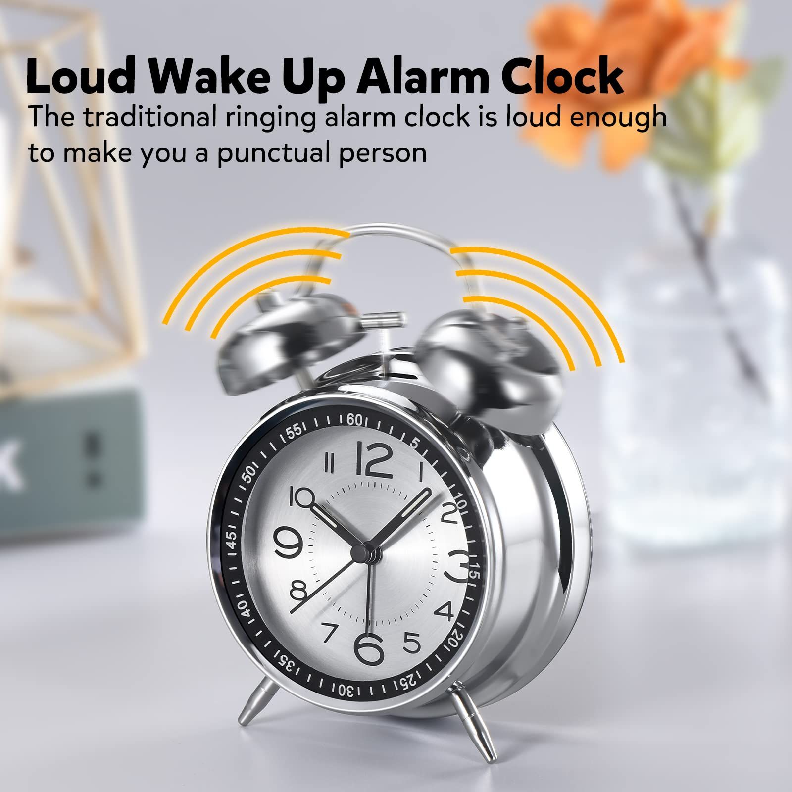 Loud Alarm Clock for Heavy Sleepers Adults,Retro 4 Inch Silent Non-Ticking Quartz with Backlight,Twin Bell Analog Kids Alarm(Grey) — image 5