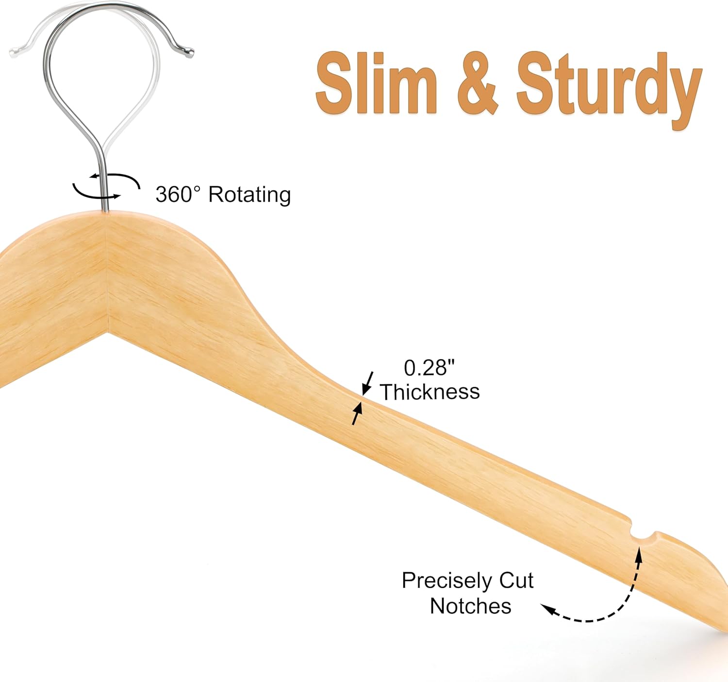 TOPIA HANGER Wooden Hangers 30 Pack, 0.28-inch Slim & Durable Clothes Hangers Space Saving, Natural Wood Hanger with 360°Swivel Hook and Non-Slip Shoulder — image 3