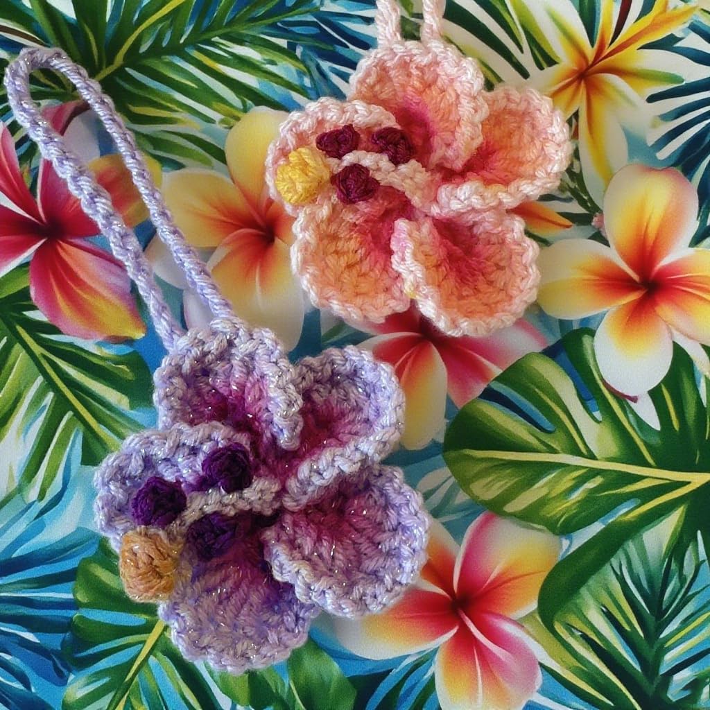 Hibiscus Car Ornaments, Crochet Hawaiian Tropical Flower Bag Charms Decoration Car Mirror Beach Accessories (Pink) — image 2