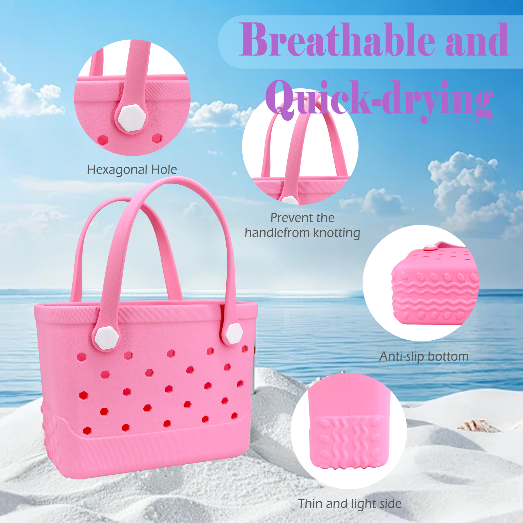 Waterproof Hexagon Mesh Beach Bag - Large Capacity Travel Storage Tote for Swimwear Towel Sunglasses - Pink Small 28x21x11cm โ image 3