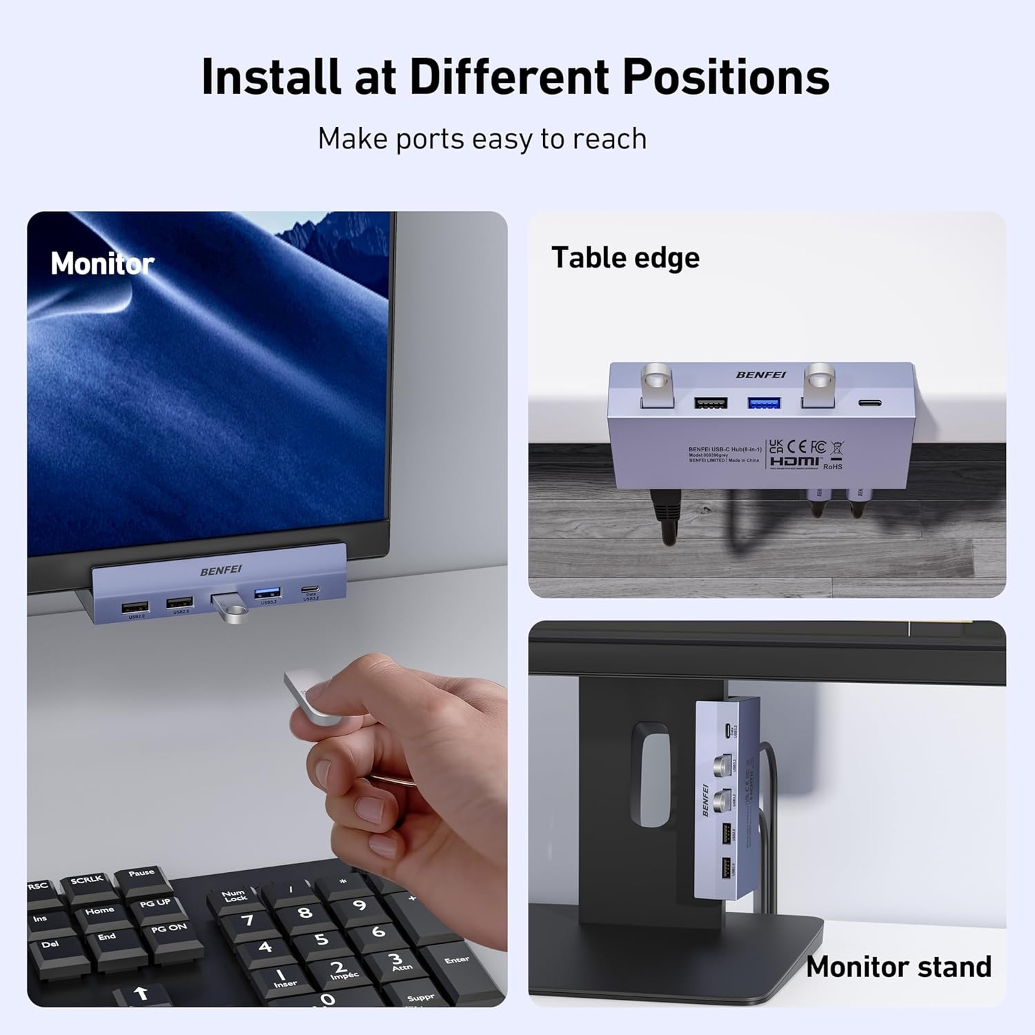 BENFEI 396GY USB-C 8-in-1 Docking HDMI 4K/60Hxz+USB-C(10G)+2xUSB-A(10G)+2xUSB2.0+RJ45+PD100W โ image 6