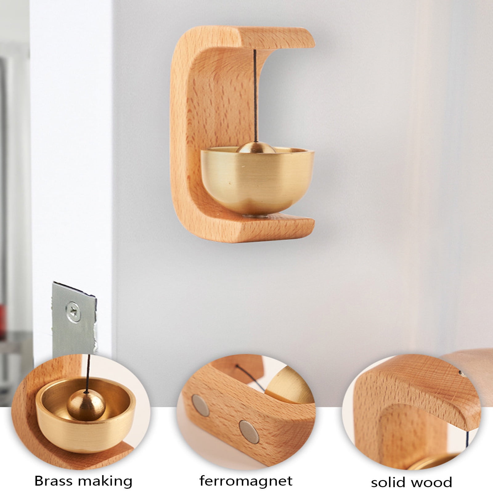 Magnetic Wooden Doorbell Chime with Brass Bell, Shopkeeper Style Entry Alert for Doors, Shops and Home Entrances, Brown — image 6