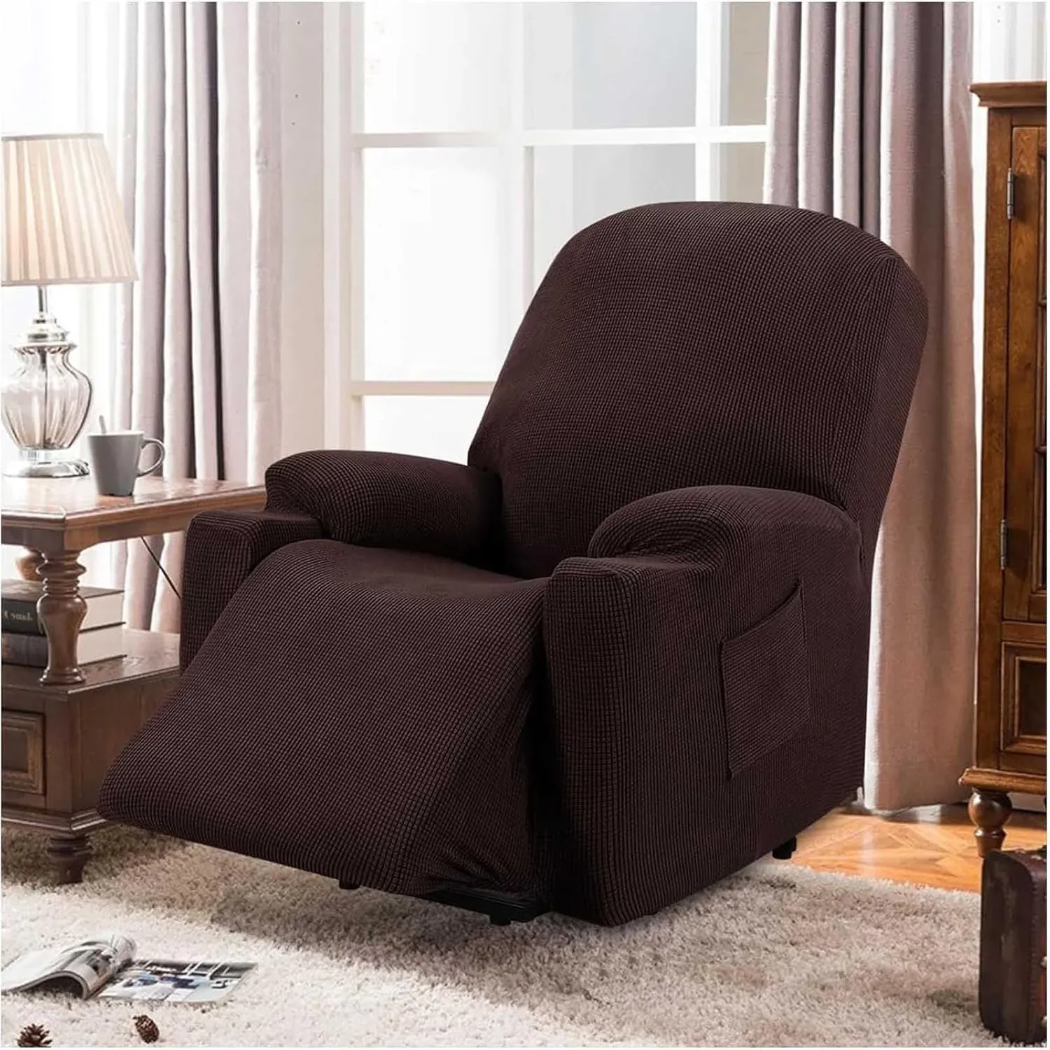 Recliner Slipcover High Stretch Soft Jacquard Fabric with Side Pocket for Standard Power Lift Recliner Brown, Letter A Option โ image 6