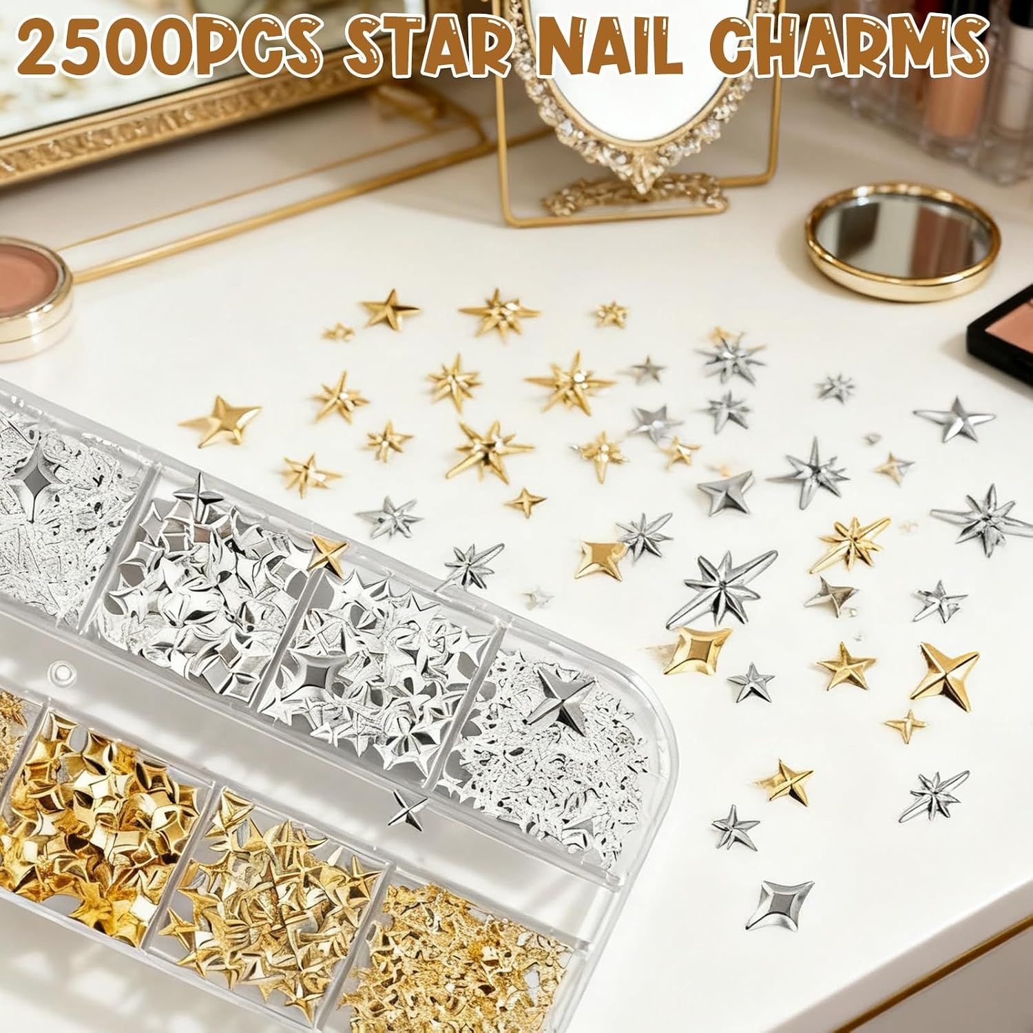 2500 Pack Gold and Silver 3D Star Nail Charms, Metal Nail Art Gems with Tweezers for DIY Manicures, Nail Decoration and Crafts โ image 4
