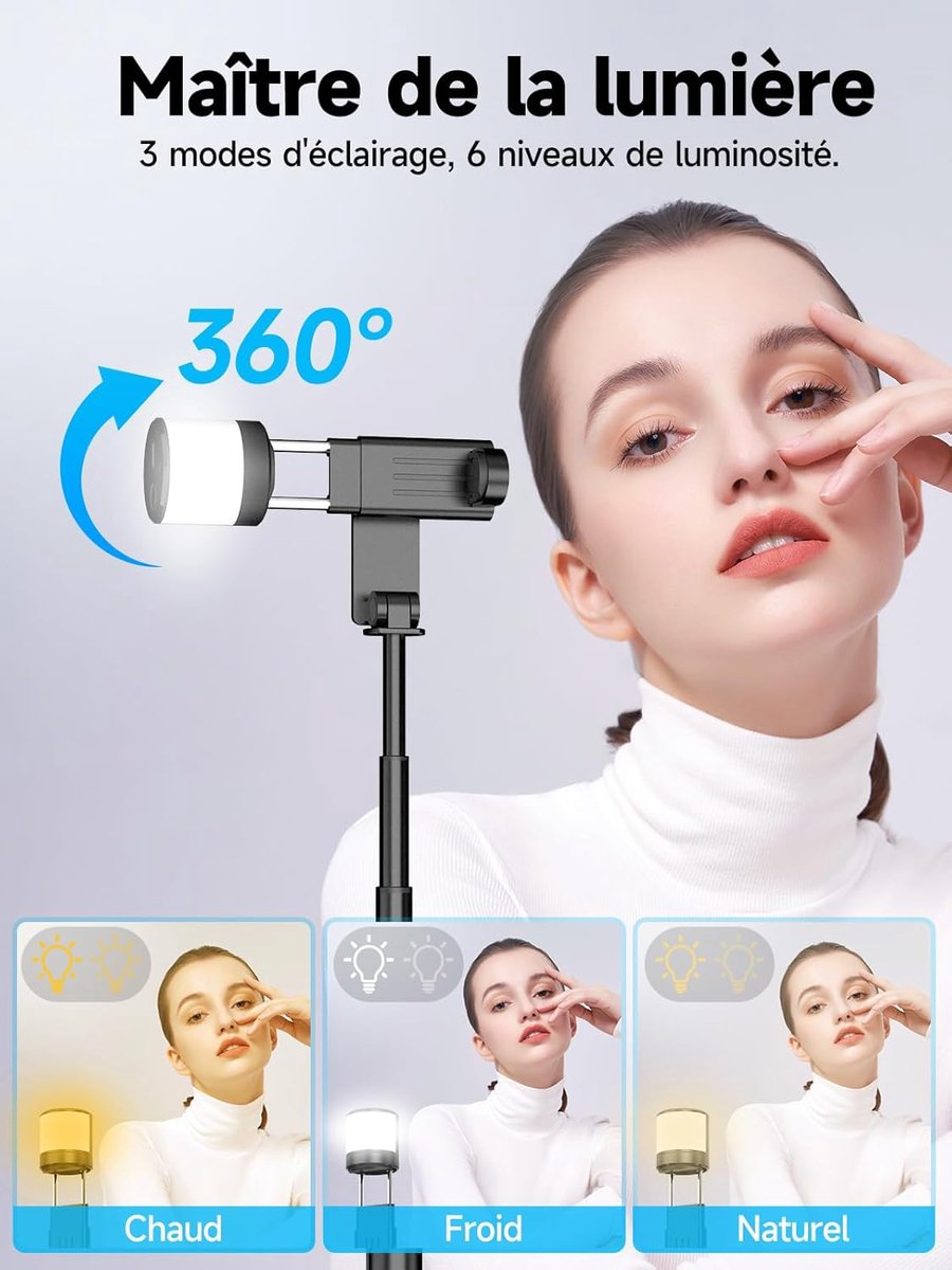 Selfie stick - Phone tripod - Tripod with auxiliary light - Mobile phone holder - With lighting function - Remote control - 75mm aluminum phone holder - Selfie — image 3