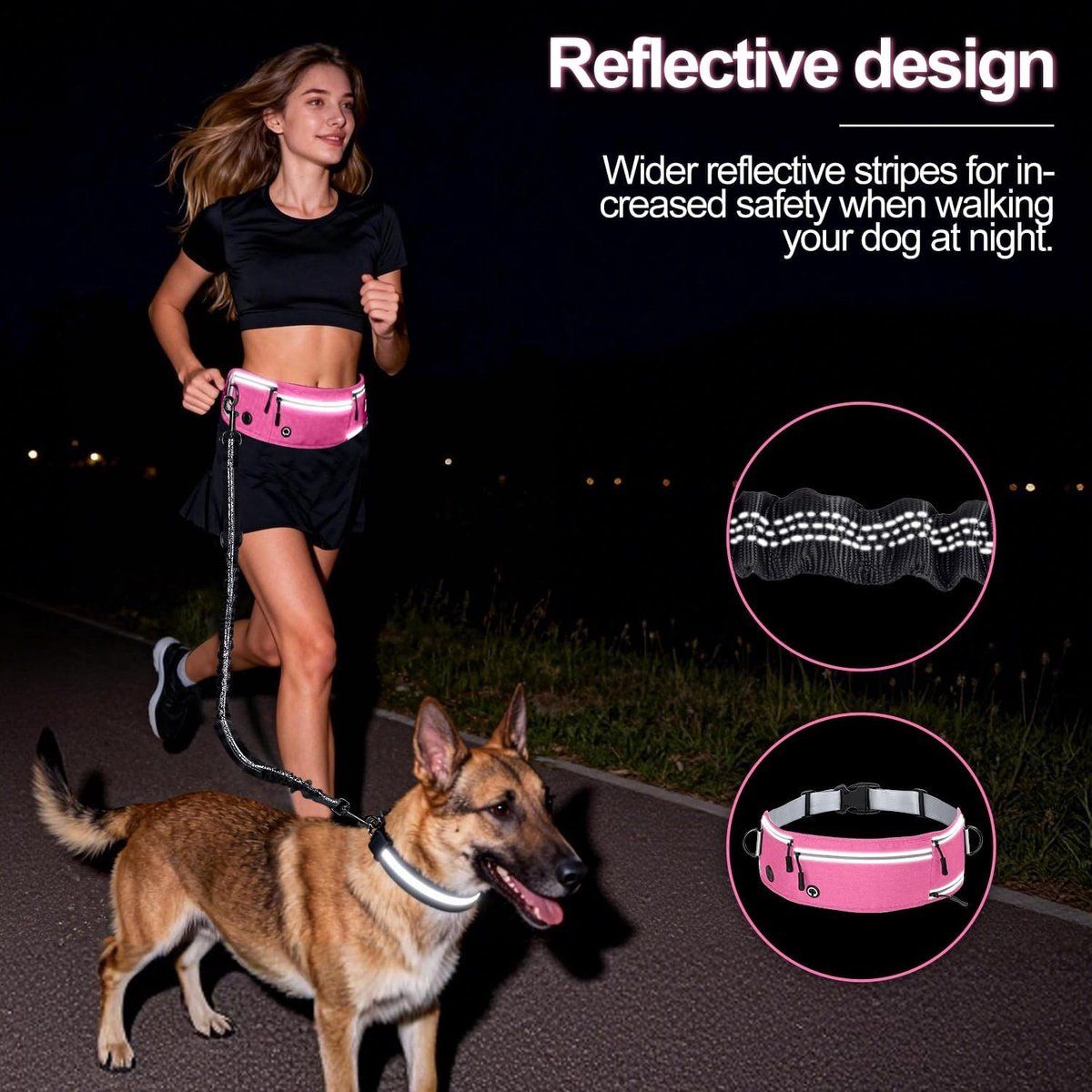 Hands Free Dog Leash With Adjustable Waist Belt, Shock Absorbing Bungee, Reflective Lead, Pockets And Bottle Holder, Pink — image 2