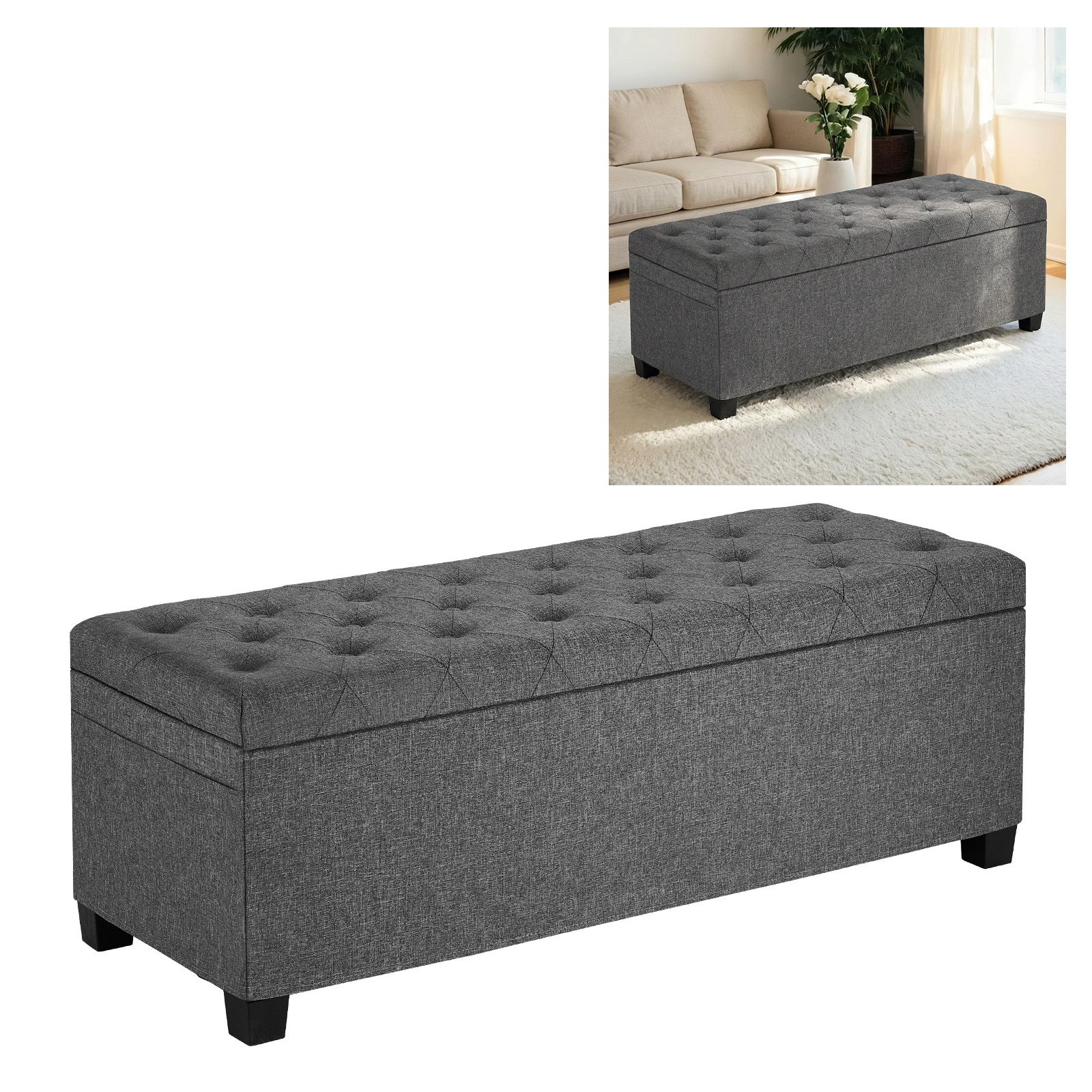 Storage Ottoman Bench, Button-Tufted End of Bed Bench with Side Bags, Flip-up Upholstered Storage Chest with Metal Frame, Linen Bed Ottoman for Living Room