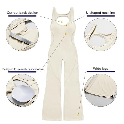 Women's Cut-out Back Flared Jumpsuit, Perfect for Yoga, Gym, Workout and Loungewear, M (beige) — image 2