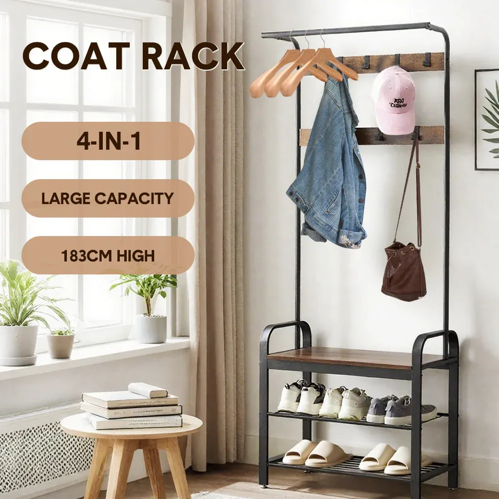 4-In-1 Coat Rack Large Capacity Freestanding Hall Tree 183 High Entryway Bench with 8 Detachable Hooks Hanging Rod and 2-Tier Shoe Storage Rustic Brown โ image 2