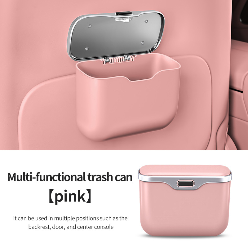 Car Trash Can Hanging Rubbish Bin with Lid Waterproof Leather Vehicle Organiser Storage Box for Door Seat Back Console Pink