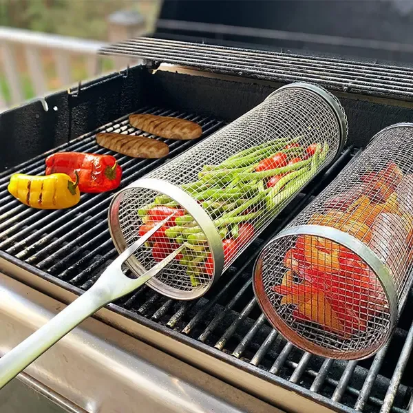 Round BBQ Grill Basket Set, Stainless Steel Non-Stick Mesh Roller with Fork for Outdoor Grilling, Silver, 20 x 9.5 cm โ image 4