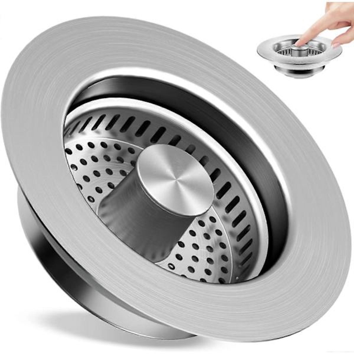 Sink Drain Strainer - 3-in-1 - Stainless Steel - Collapsible Sink Stopper - Strainer - Silver