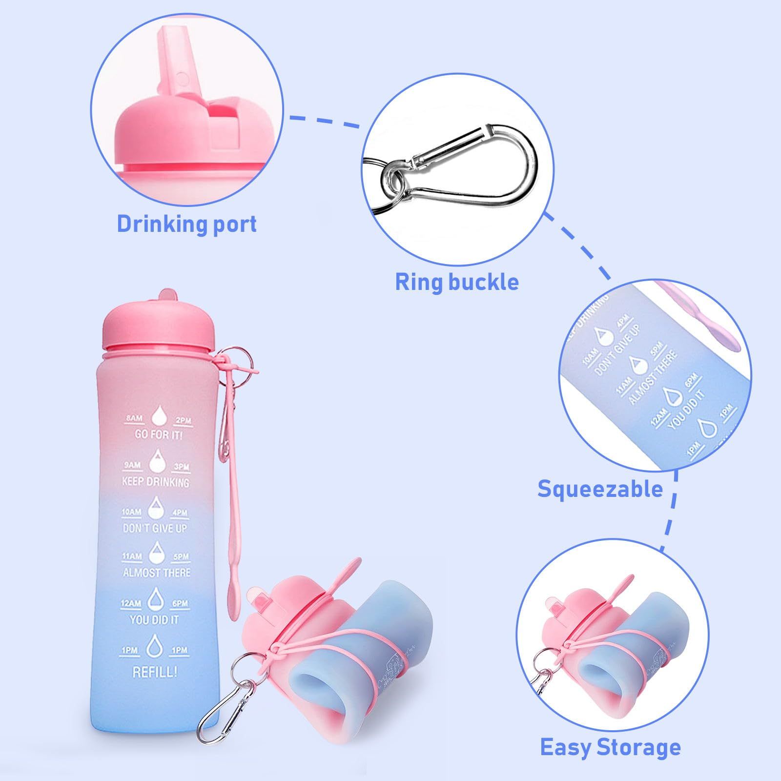 Collapsible Water Bottle with Time Marker, 20oz Sports Water Bottle Large Leakproof Reusable BPA Free Silicone Water Bottle, Portable Collapse Water Bottles — image 2
