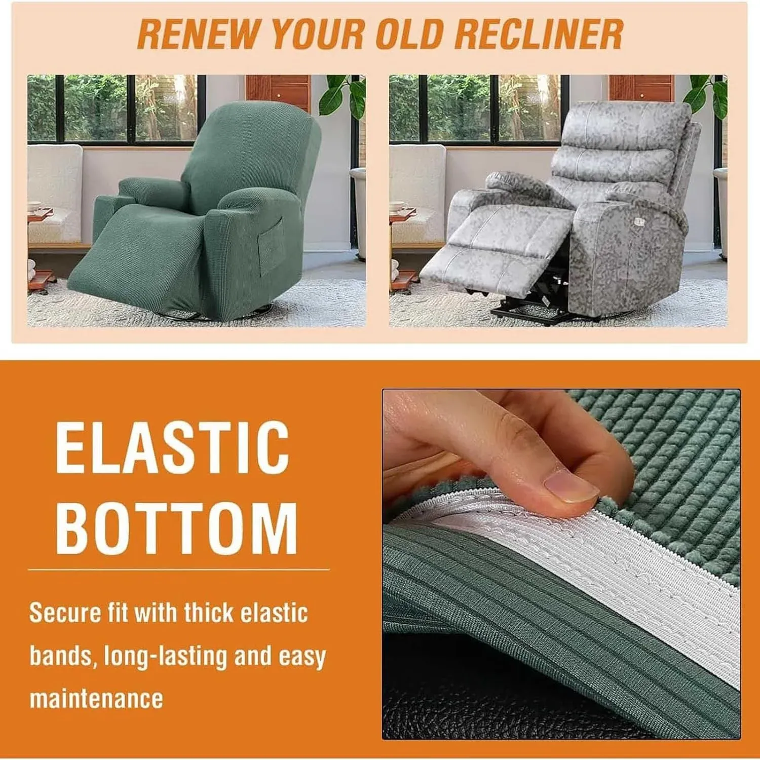 Recliner Slipcover High Stretch Soft Jacquard Fabric with Side Pocket for Standard Power Lift Recliner Green, Letter C Option โ image 3
