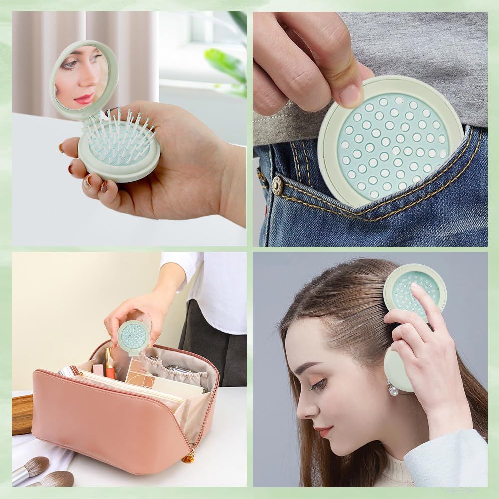 Mini Brush with Mirror - Green Travel Folding Hair Brush for Purse, Wet Brush for Women not taking up space and convenient — image 5
