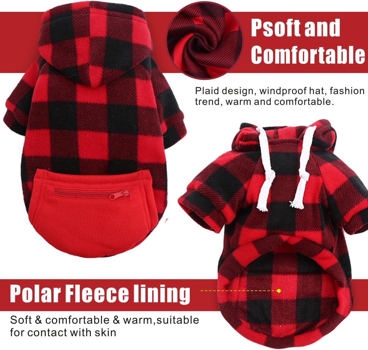 Dog Coat - Plaid Sweater - Warm Dog Coat - Zippered Pockets - Soft Brushed Fleece Hoodie - Winter Coat for Small Dogs - Perfect from Sizes S to 3XL - Warm Dog โ image 2