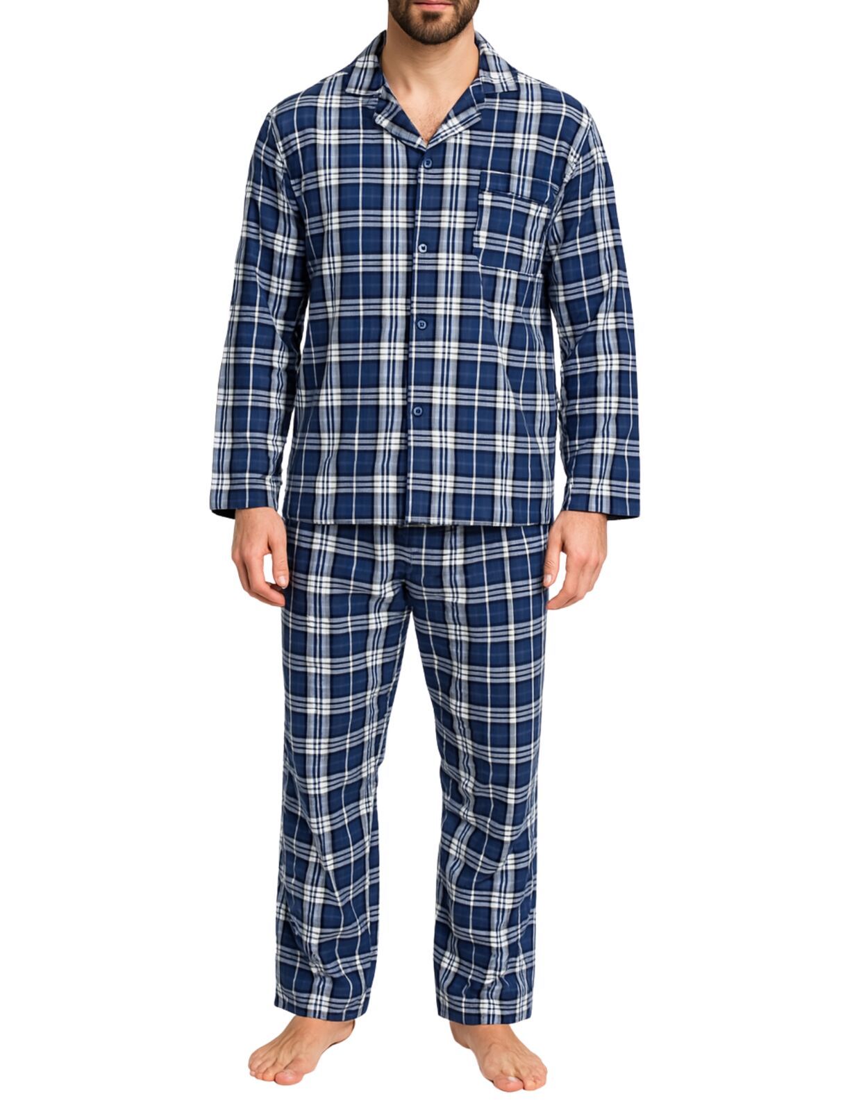 Mens Flannelette Pyjama Set Sleepwear Soft 100% Cotton PJs - Blue Check โ image 2