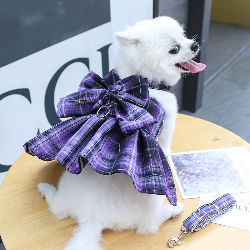 Dark Purple Plaid Pet Harness Dress with Leash for Small Dogs and Cats S Size Bow Design Vest Outfit Walking Accessory — image 5