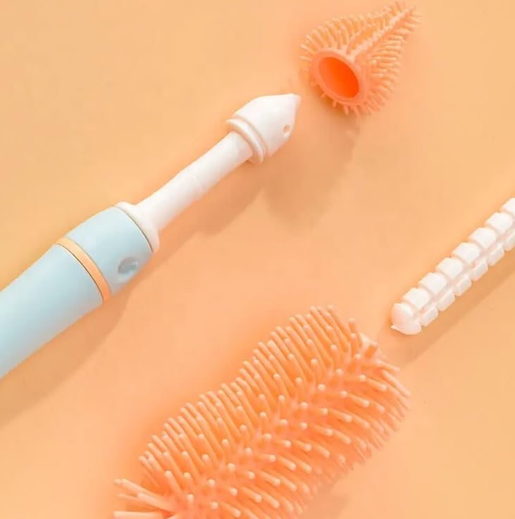4-in-1 Bottle Cleaning Brush Set with Rotating Brush Heads and Countertop Drying Stand for Baby Bottles, Cups and Straws, Orange — image 5