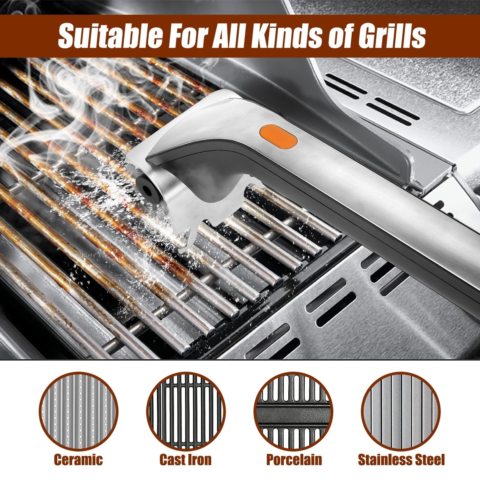 Electric Steam Grill Brush with Stainless Steel Bristles & 3000mAh Rechargeable Battery – Powerful BBQ Cleaner for All Grills, Indoor and Outdoor Use (Grey) — image 2