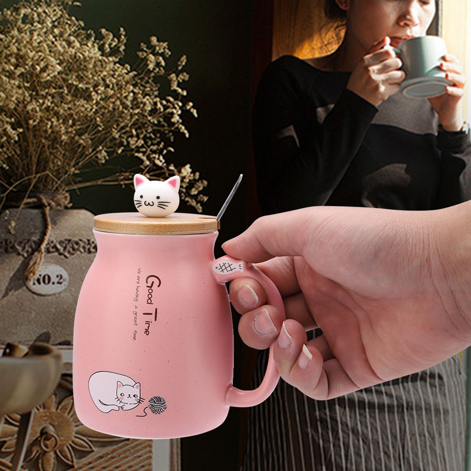 1Pc Lovely Cat Ceramic Cup with Spoon and Lid Coffee Water Milk Mug for Drinkware Gift(Pink) — image 4