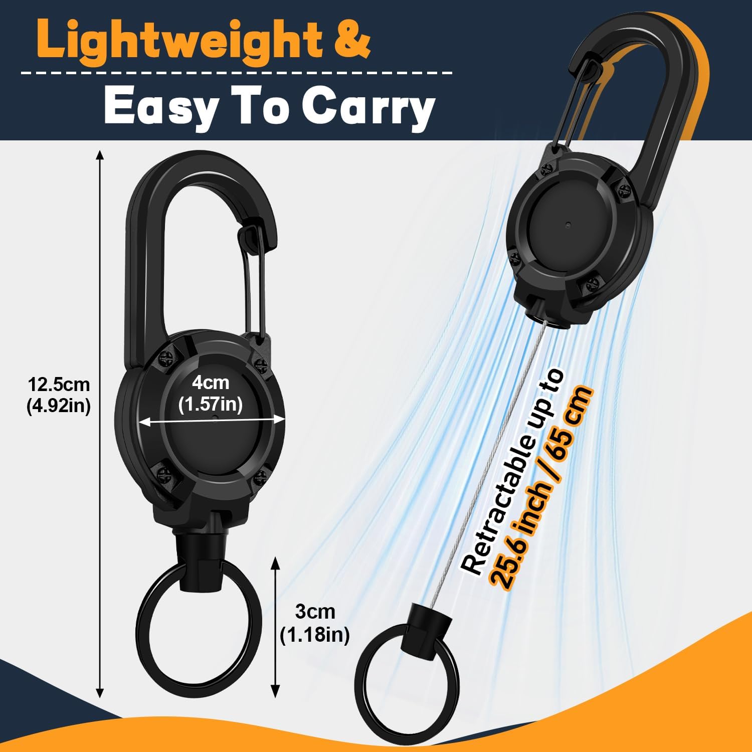 3 Pack Retractable Keychain with Carabiner - Black - 60cm Extendable Key Ring for Work Outdoor Travel — image 6