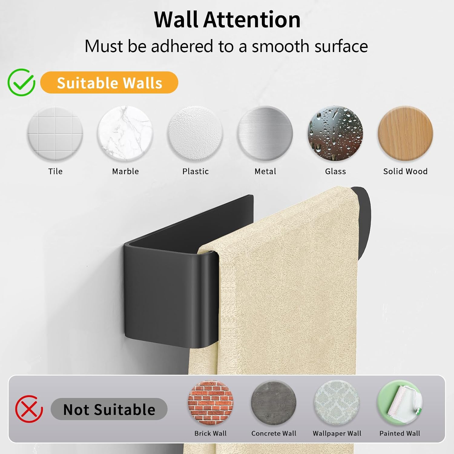 Hand Towel Holder, Self Adhesive Towel Racks for Bathroom Wall Mounted, 8 Inch Square Hand Towel Bar Stick on Wall for Kitchen Cabinet RV, Black (2 Pack) โ image 4