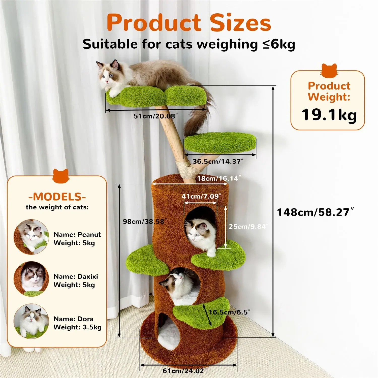 Large Multi-Level Cat Tree Tower in Green & Brown with Plush and Wood Design, 61x148cm โ image 2