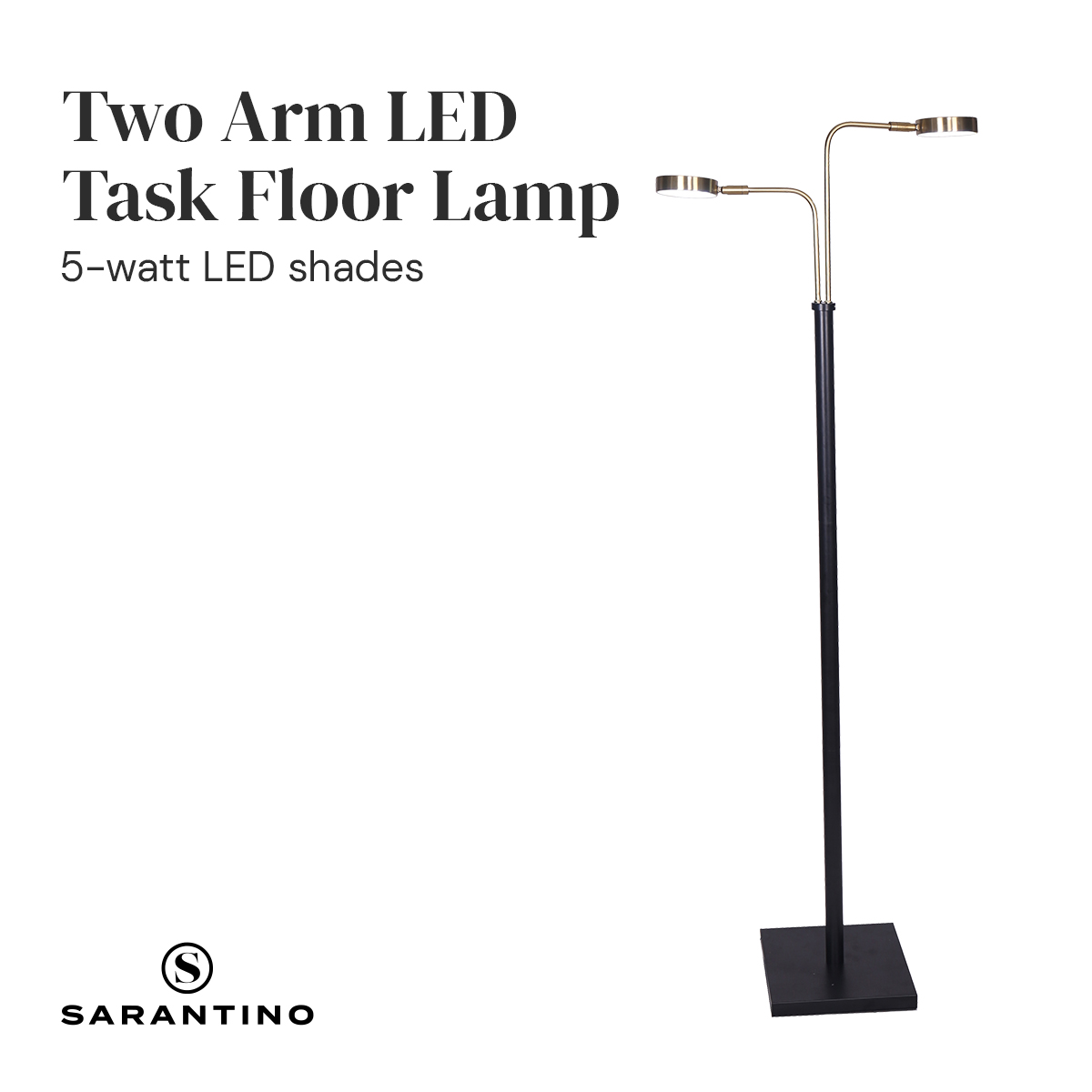Sarantino Dual LED Floor Lamp Adjustable Black Metal & Brushed Gold Twin Reading Task Standing Light for Home Office — image 4