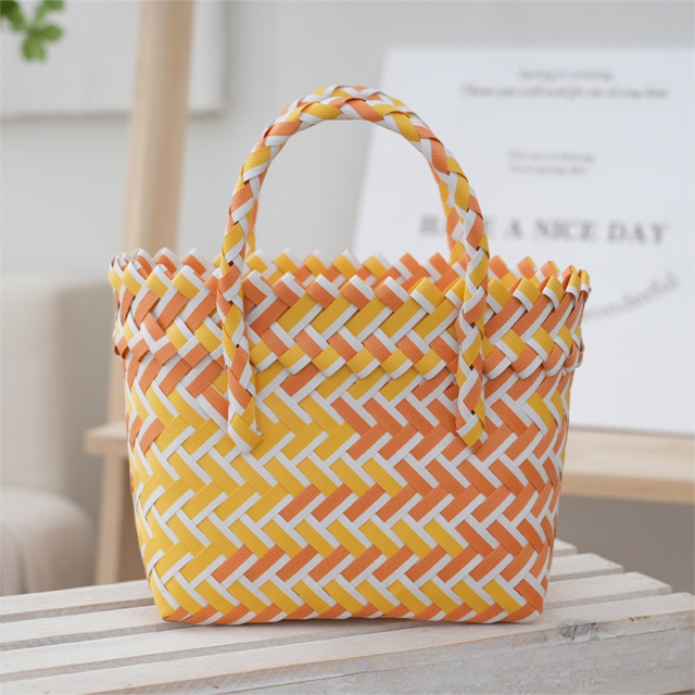 Handwoven Fresh PP Tote Bag with Upright Square Structure & Flower Deco, Durable Mini Spring Picnic Basket and Favour Handbag 16x16x9cm, Orange Yellow