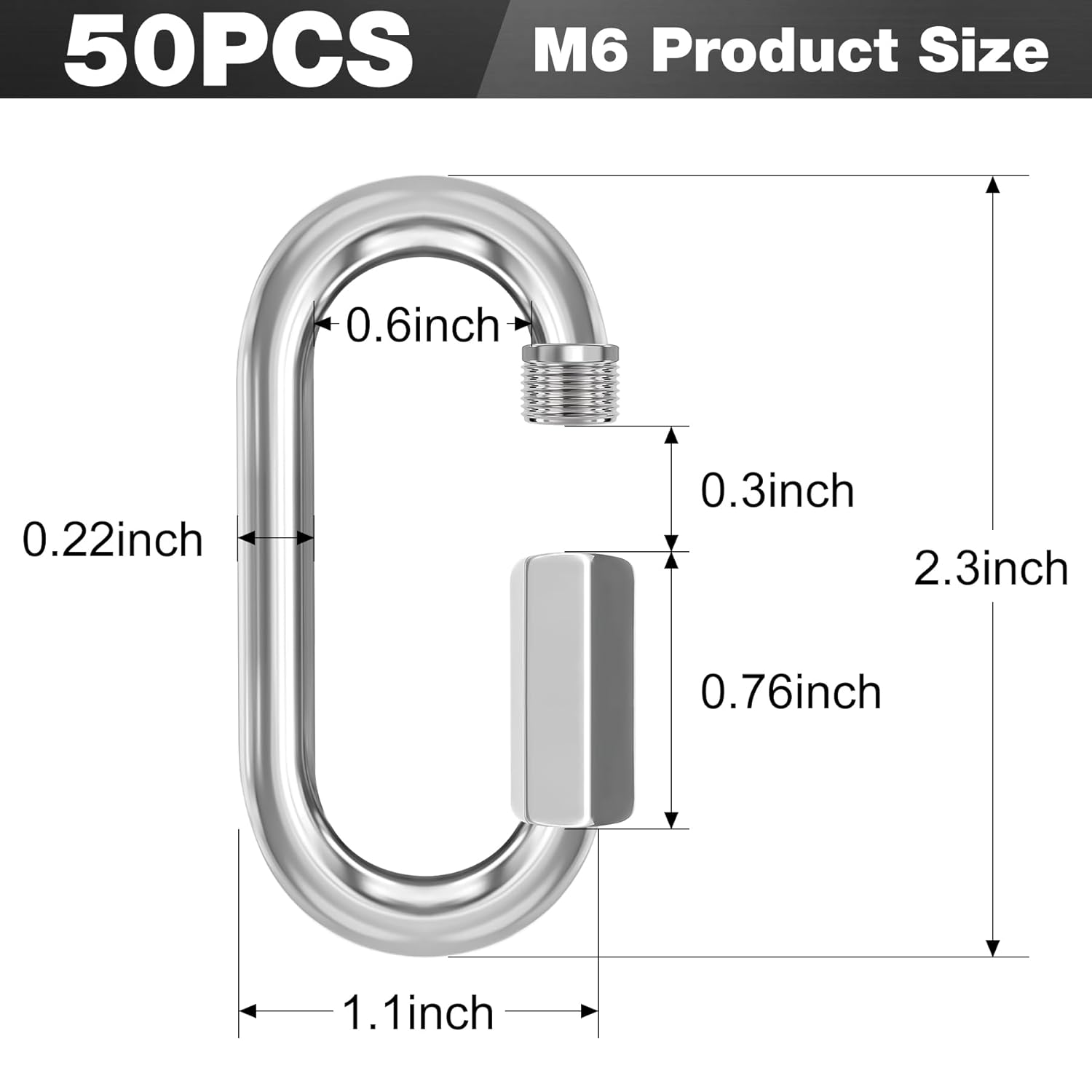 M6-50 Pack 2.3” Quick Links Chain Connectors, 1/4″ Galvanized Chain Locking Hooks, 620LBS Heavy Duty Thread Quick Link Clips, Twist Oval Keychain D Shape for — image 2