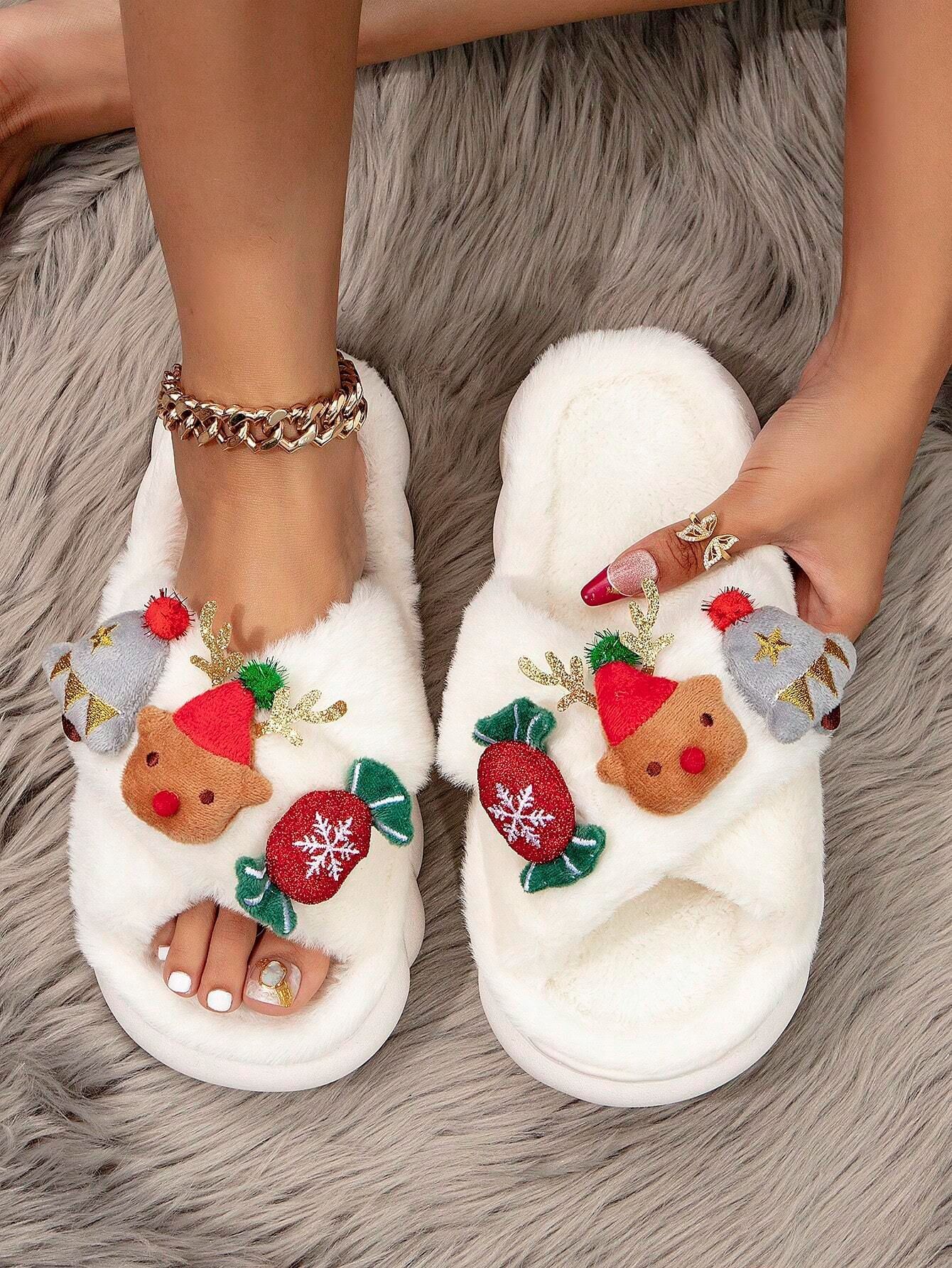 Christmas Cartoon Plush Slippers, Unisex Lightweight Thick-Soled Anti-Slip Fuzzy Slippers for Couples & Family(white-43-44) โ image 4