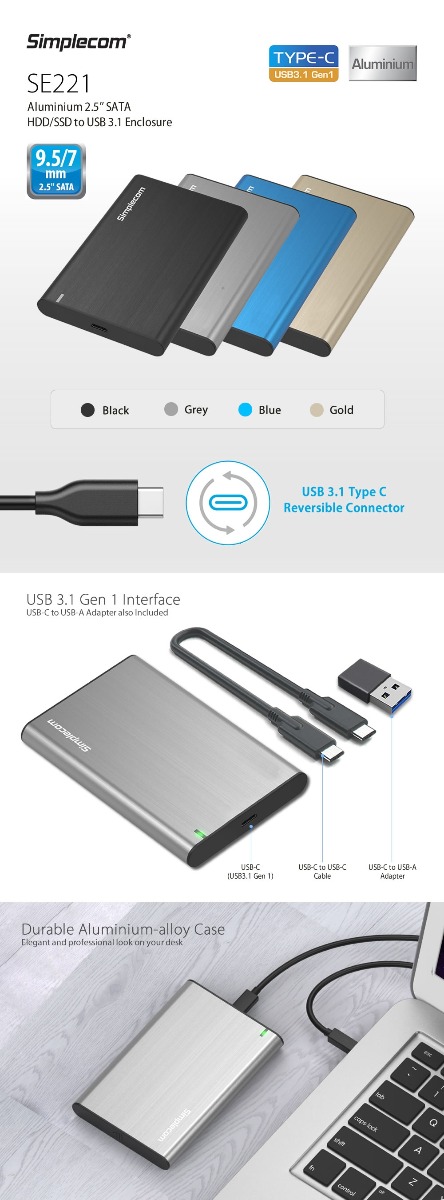 Simplecom SE221 Aluminium 2.5'' SATA HDD/SSD to USB 3.1 Enclosure Blue — image 2