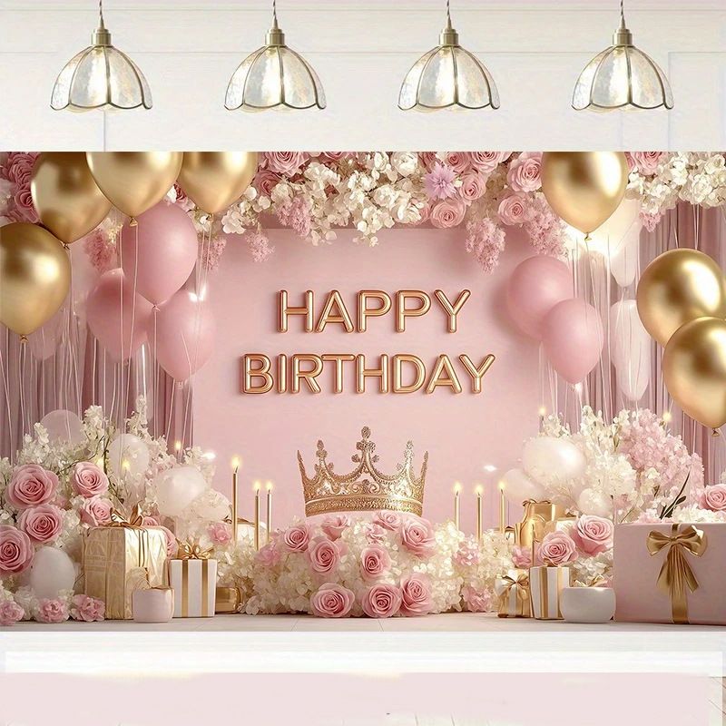 180×115cm Pink Printed with a pattern of flowers, balloons, and a crown Happy Birthday Backdrop – Premium Indoor Party Decoration Polyester Wall Banner — image 5