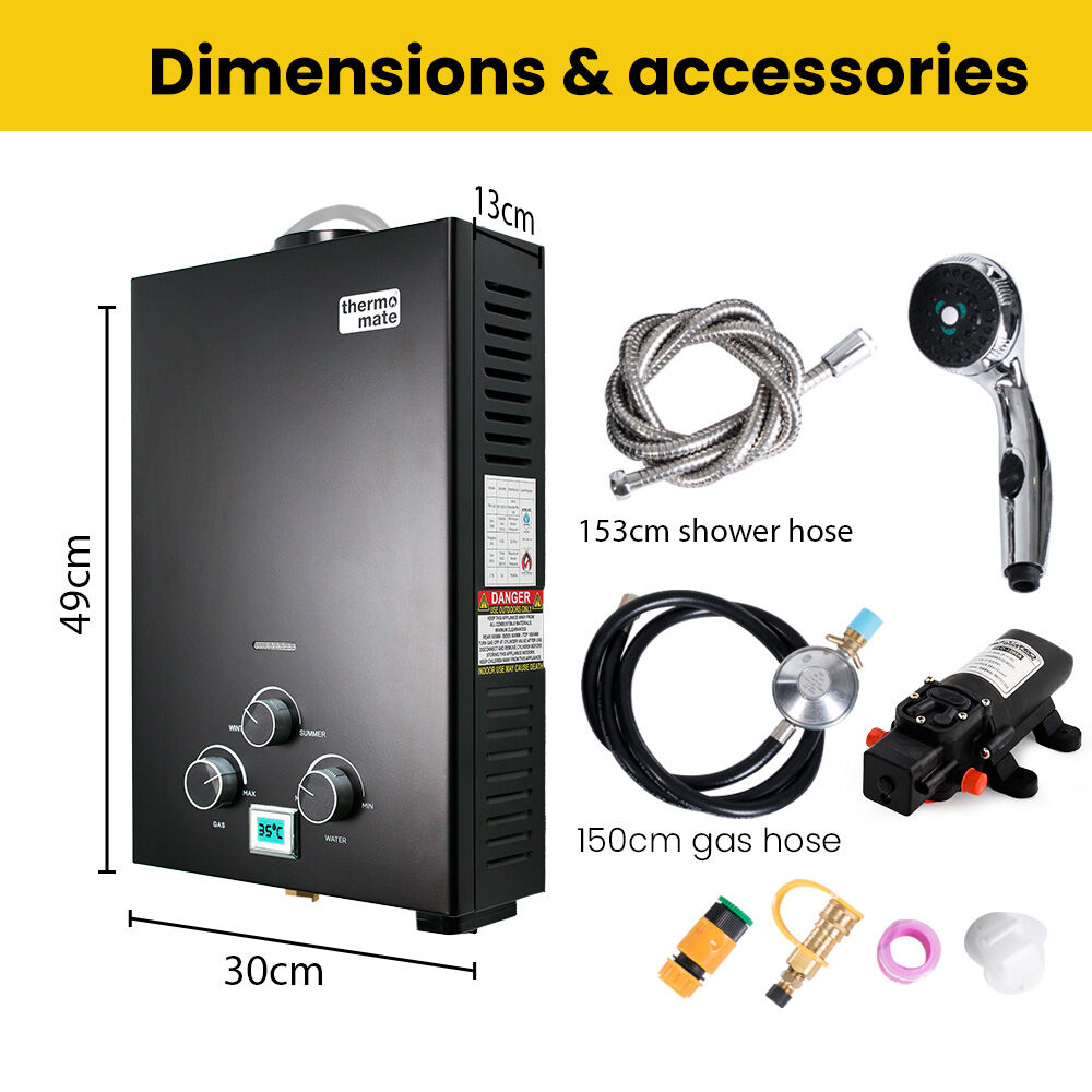 Thermomate Portable Gas Outdoor Camping Hot Water Heater System, with 12V Pump, Shower Head, Black — image 2