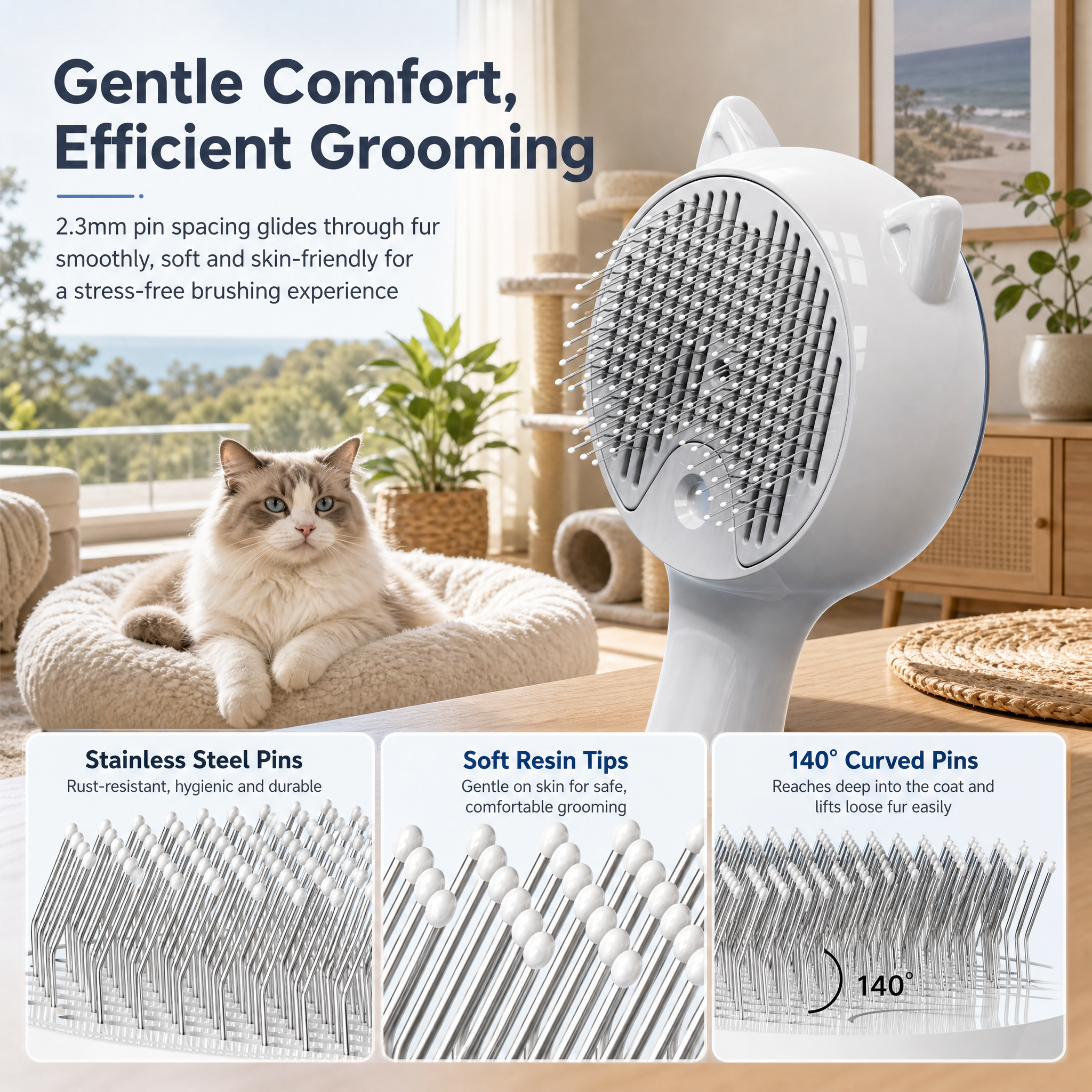 White Pet Spray Grooming Brush for Cats and Dogs, Rechargeable Self Cleaning Slicker Brush with Fine Mist, 30ml Water Tank, 500mAh Battery, One Click Fur โ image 4