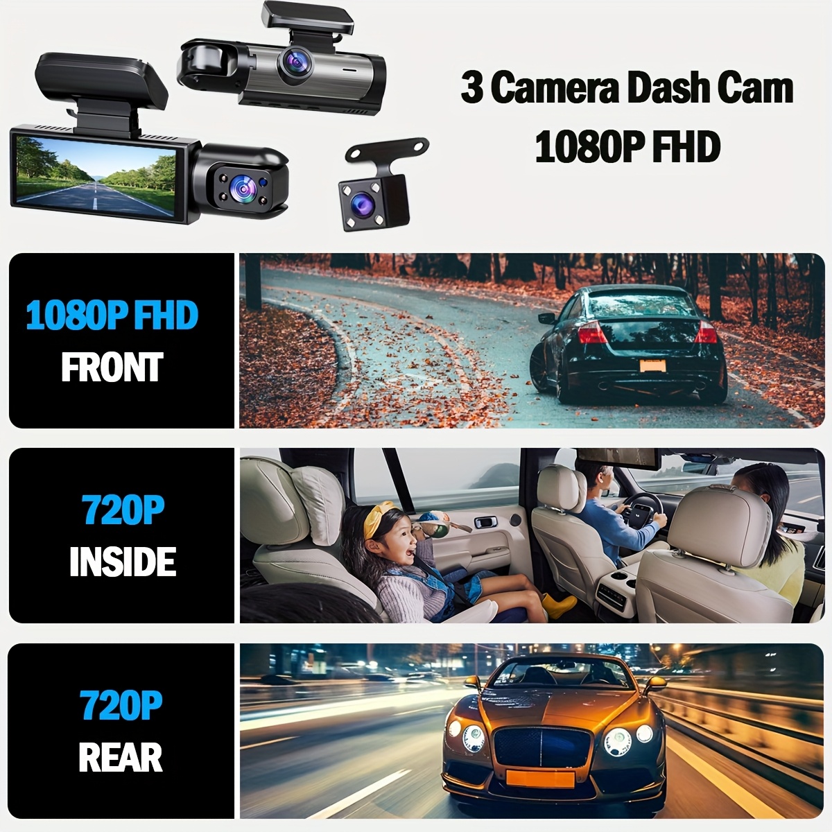Super Memory Triple Cam Dash Cam! 32GB storage + 1080P HD triple lens, 170° panoramic coverage of front, cabin, and rear, 24/7 protection for your safe journey — image 3