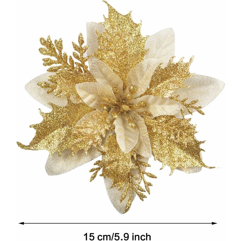 12 pcs Glitter Christmas Flowers (15Cm) With 12 pcs Artificial Poinsettia For Christmas Tree(Gold) — image 2