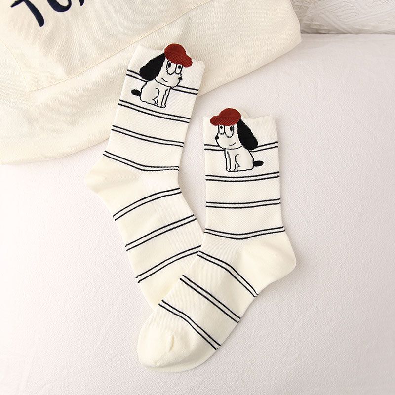 4 Pairs Women's Cartoon Animal Crew Socks (Striped puppy)- Lightweight Breathable Mid-Calf Cotton Socks for Spring Summer, Casual Everyday Wear and โ image 2
