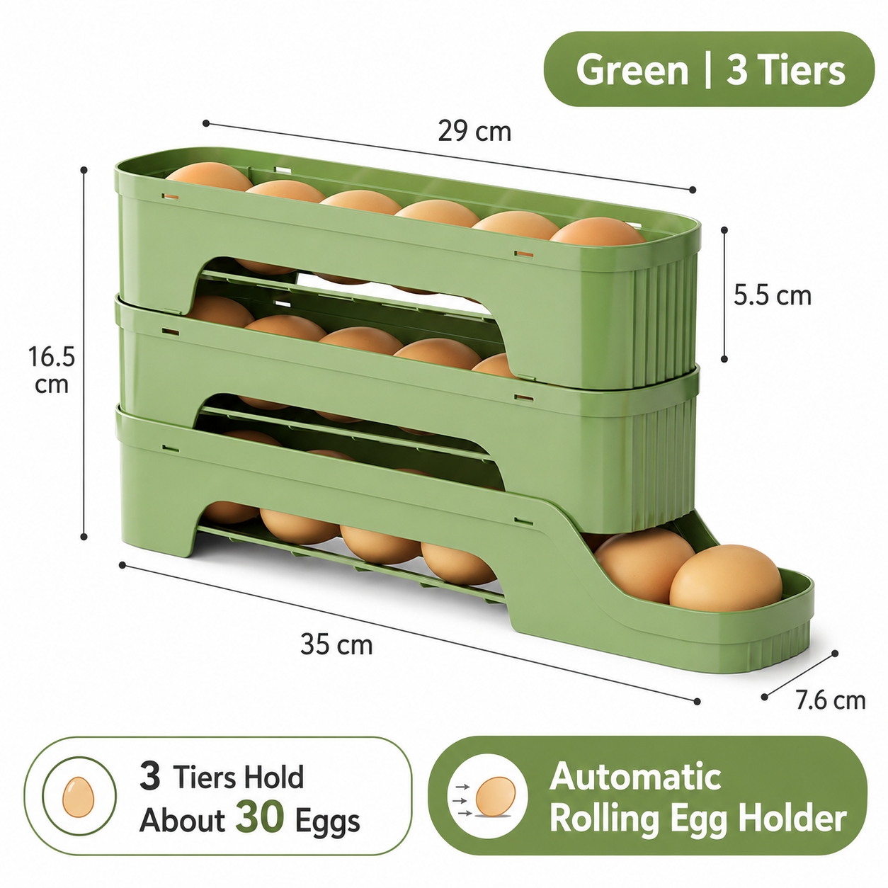 3-Tier Green Rolling Egg Storage Box - Grade PP Plastic - Automatic Dispensing, Space Saving Fridge Organizer, Detachable Design for Kitchen and