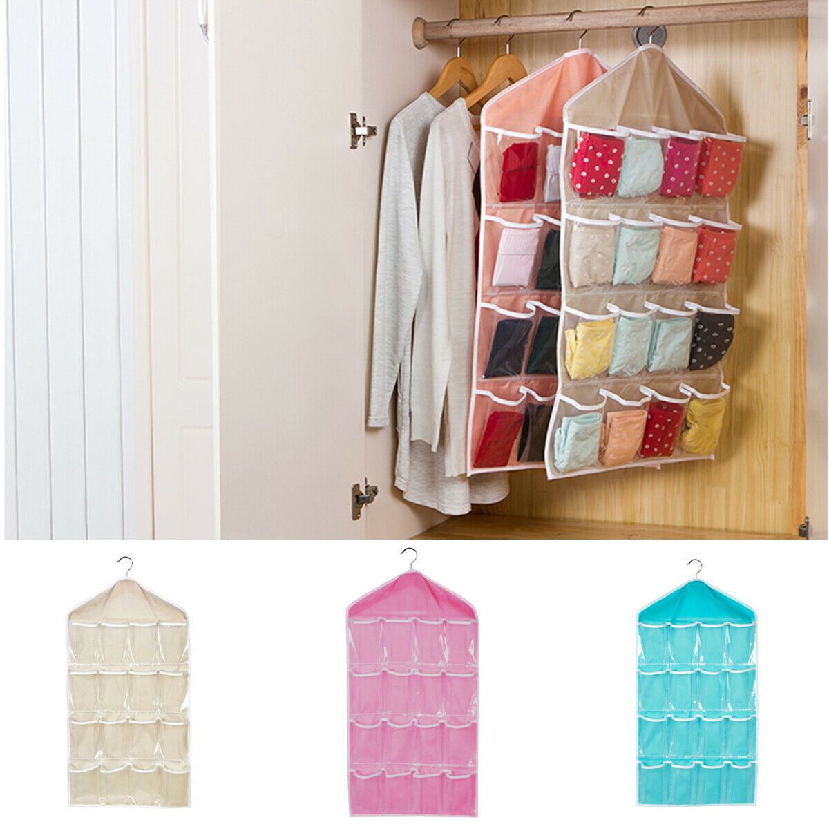 Pink 16 Pocket Hanging Wardrobe Organizer Transparent Storage Bag for Clothes Underwear Socks and Accessories โ image 5