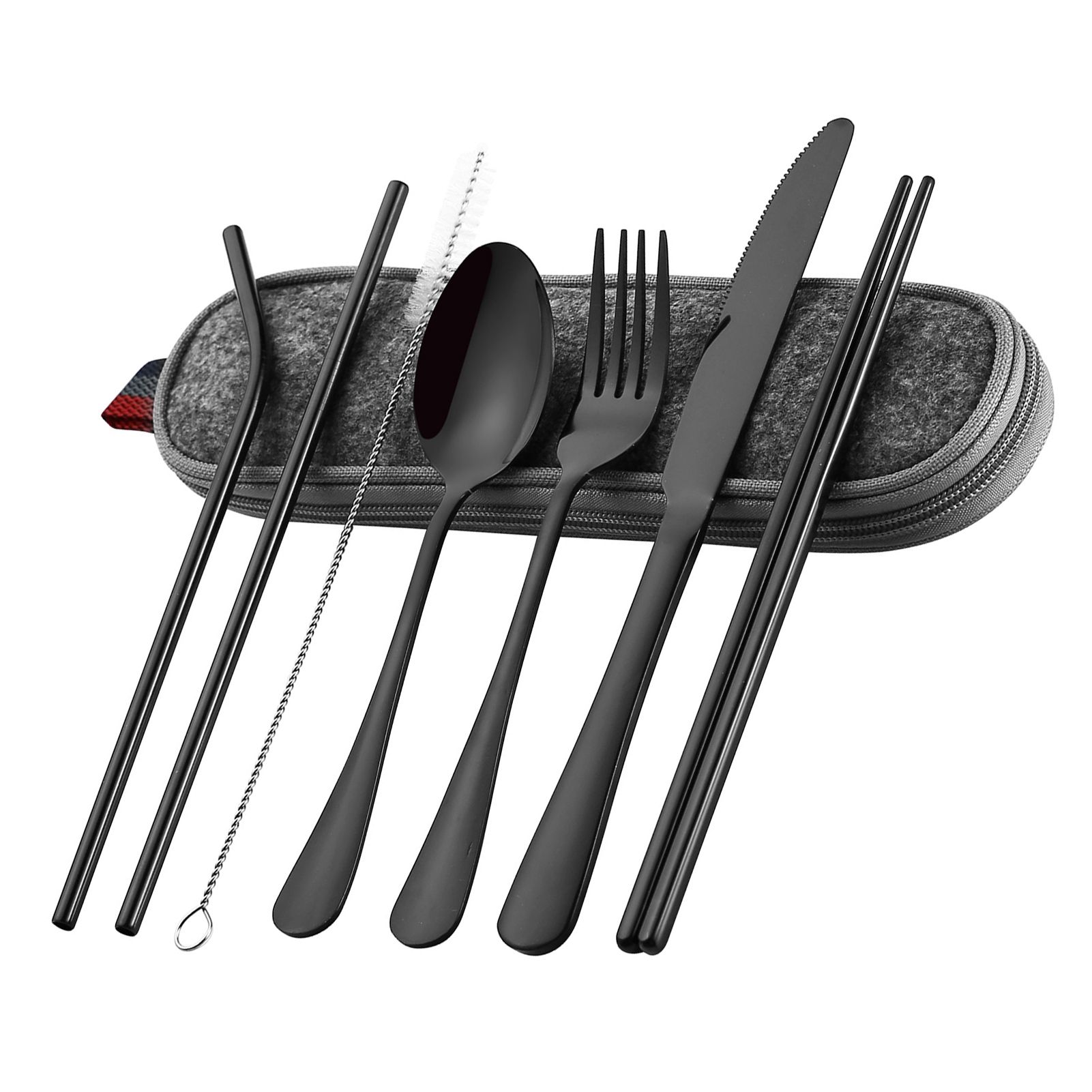 8 Pieces Stainless Steel Flatware Set Portable Travel Cutlery Set with Case Chopsticks Knife Fork Spoon Straws Cleaning Brush โ image 3