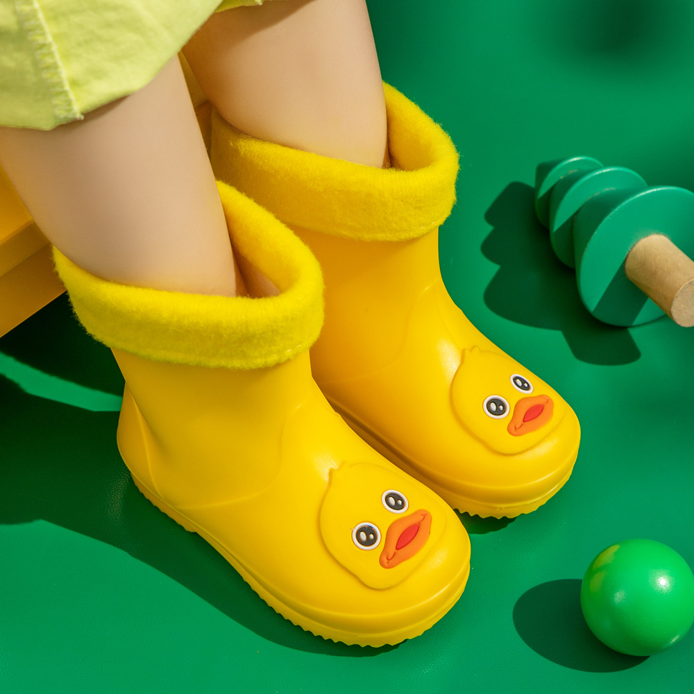 Cute Yellow Duck Kids Rain Boots with Removable Warm Cotton Liner - Waterproof Anti-Slip Toddler Wellies for Foot Length 16CM