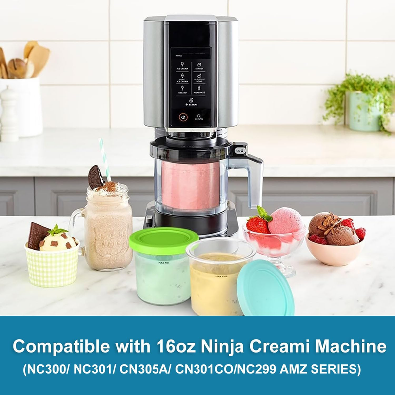 Creami Pints and Lids for Ninja,4 pack Creamy Icecream Containers Cups Jars Tubs Canisters Set,Smoothie Pot Compatible with NC299AMZ & NC300s Series Creamer — image 2