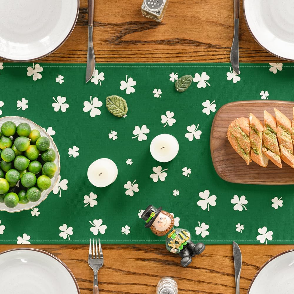 Green Lucky Shamrock St. Patrick's Day Table Runner, Seasonal Spring Holiday Kitchen Dining Table Decoration for Indoor Outdoor Home Party Decor 13 × 72 Inch — image 5