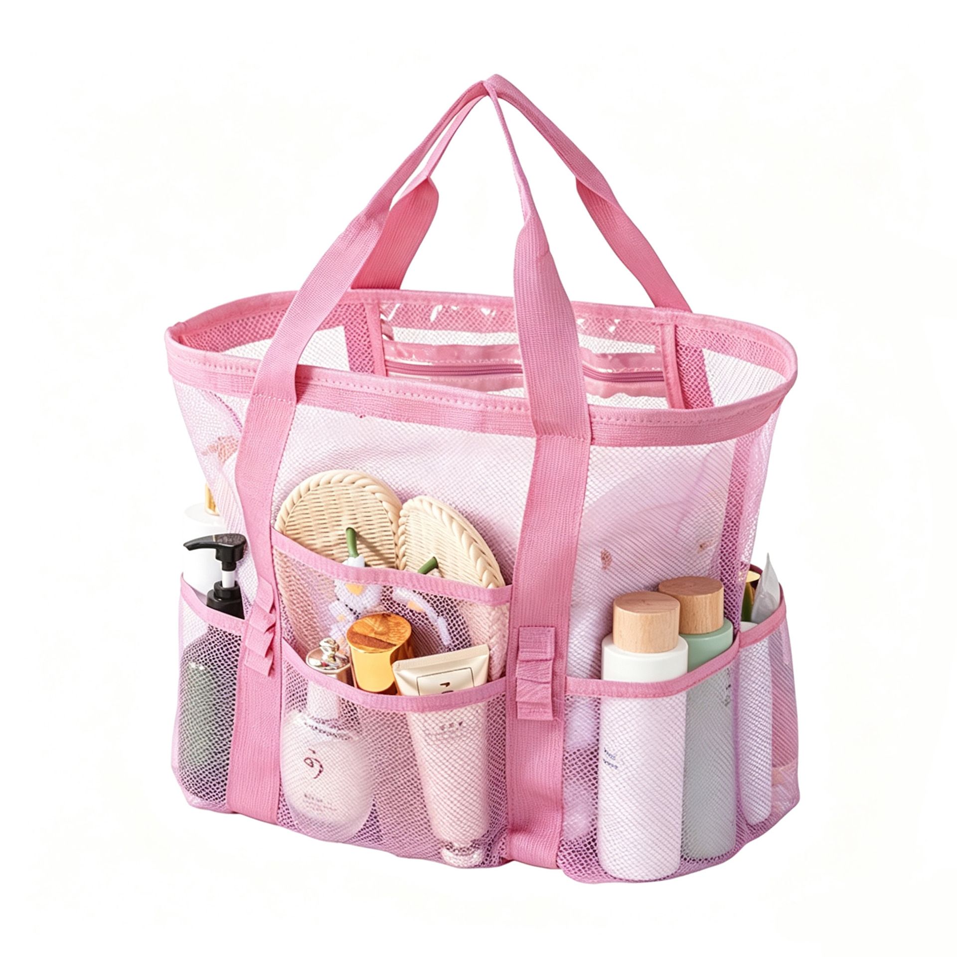 Pink large size Large Capacity Mesh Beach Tote Bag - Breathable PET with Multi-Pocket Storage, Quick-Dry Design for Travel, Gym, and Poolside Use