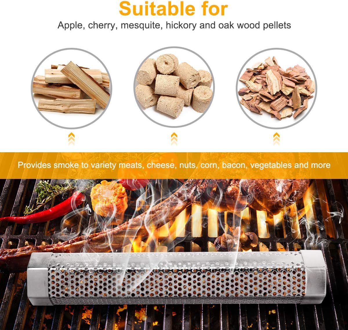 Pellet Smoker Tube, 2 Pack 12'' Stainless Steel BBQ Wood Pellet Tube Smoker, for Cold/Hot Smoking — image 3