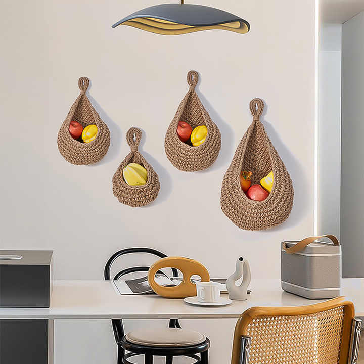 Khaki 3-Piece Wall-Mounted Cotton Rope Storage Baskets – Large, Medium, and Small Hand-Woven Fruit/Vegetable/Storage Nets (Large weight 300g, Medium weight — image 2